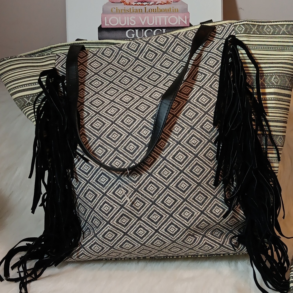 Canvas Fringe Magid Tote Bag/ Purse Blk/Wht/Grey Large